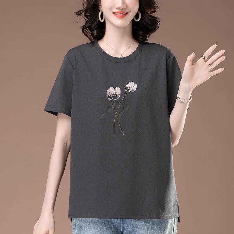 

Летняя женская футболка больших размеров с круглым вырезом - Модная футболка с коротким рукавом для мам среднего возраста XXXXL темно-серого