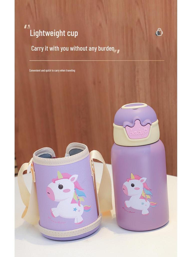 Kids' Outdoor Thermos Cup - Deer Antler Design, Straw & Smart Lid, Stainless Steel, Cartoon Style with Strap