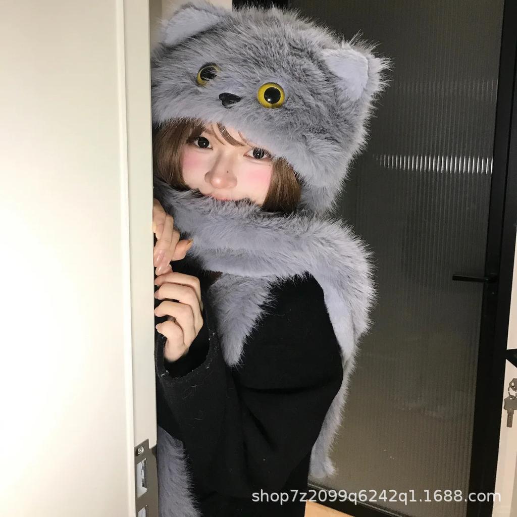 Big-eyed blue cat cute plush hat girls scarf integrated fluffy cold-proof ear protection 2025 new winter thickened