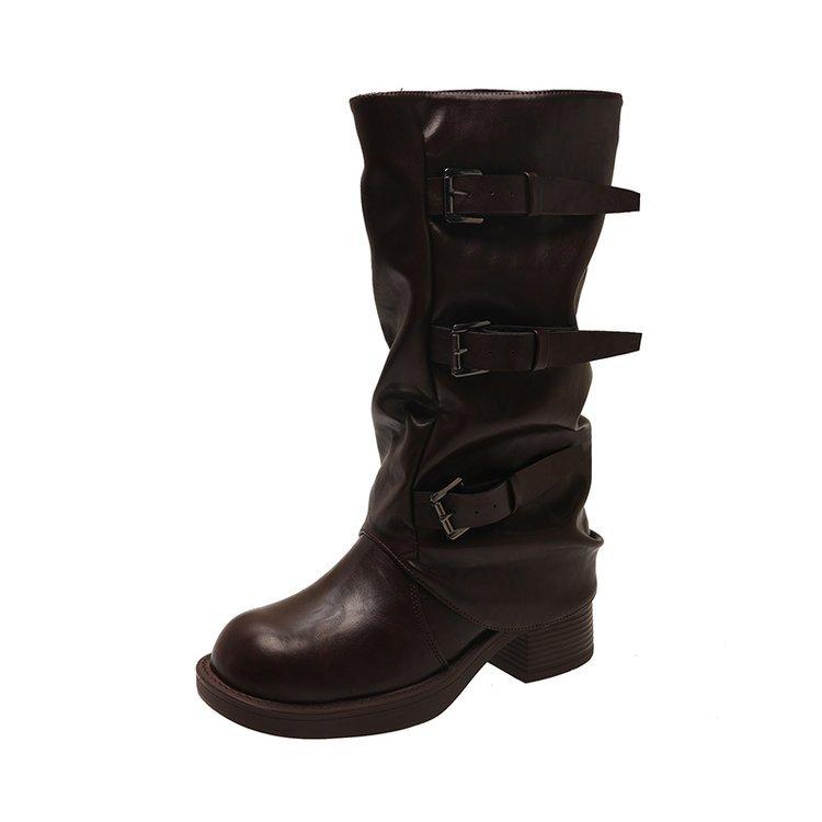 

In autumn and winter 2025, the new thick sole will increase by 6cm~ fashionable belt buckle square round head pleated medium tube knight boots women 40 коричневый