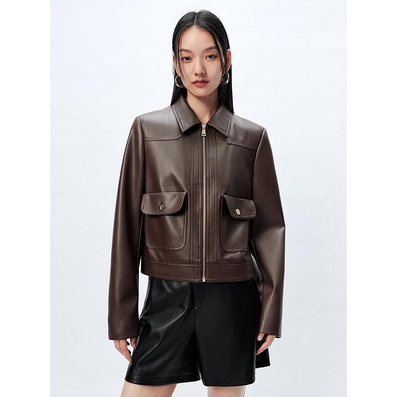 Peacebird Women's Maillard Style Lapel PU Leather Short Jacket