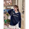 Women's V-Neck Lace Sweatshirt: Autumn-Winter Ballet Style, Navy Blue, Loose Slimming Fit