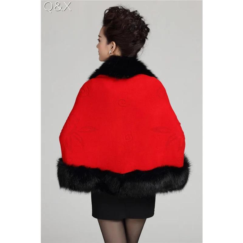 

Весільна вечірня сукня Пончо Шаль Накидка Великий комір із штучного лисиці Рельєфний плащ Відкритий шов Вільний трикотаж Верхнє вуличне пальто One Size червоний колір чорний