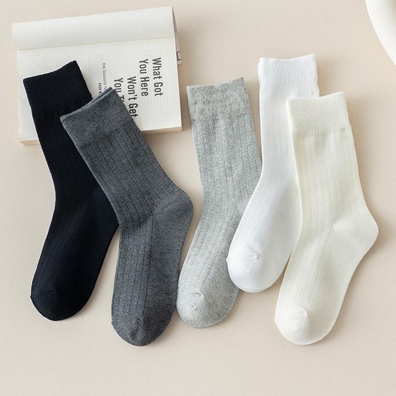 Girls Draw A Pair of Spring and Autumn Socks, Pile Up Socks, School Style, Retro Solid Color Long Socks, Vertical Striped Mid-calf Socks
