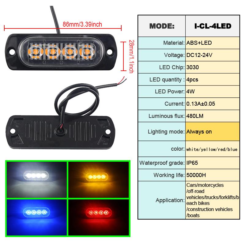 12V - 24V 4LED Car Warning Light Grill Breakdown Light Car Truck Trailer Beacon Lamp Side Light For Cars  Malfunction Light