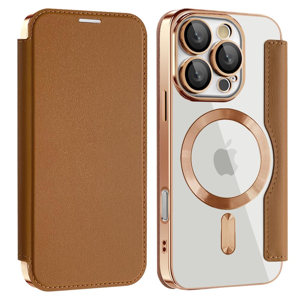 Per serie iPhone 11 12 13 14 15 16. Custodia in pelle business magnetica Gold Shield - Compatibile con MagSafe, con scomparti per carte con blocco RFID e protezione per l'obiettivo