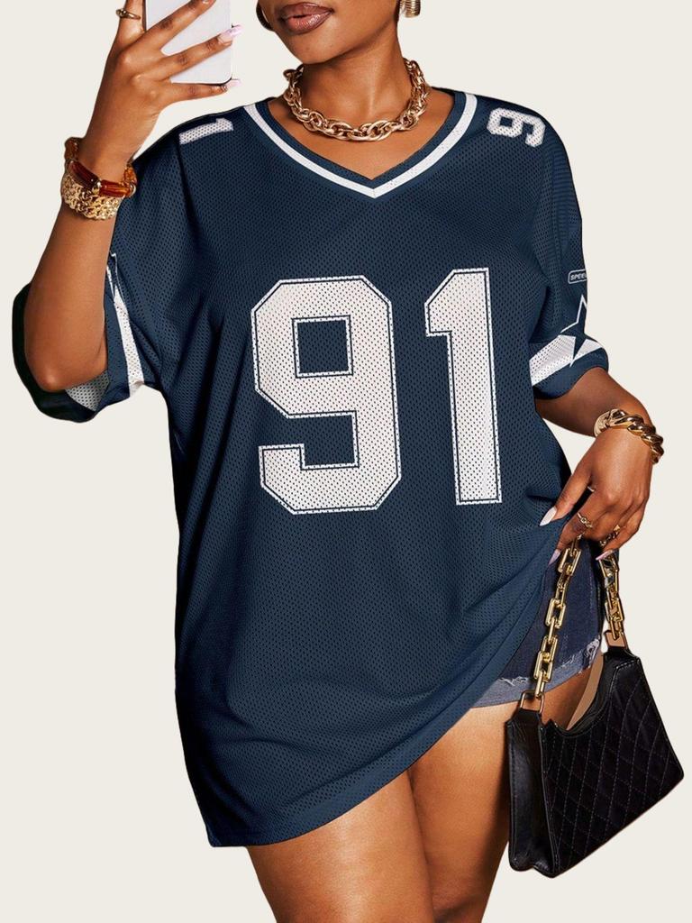 Women's Loose V-Neck Sporty Mesh T-Shirt with Digital Print
