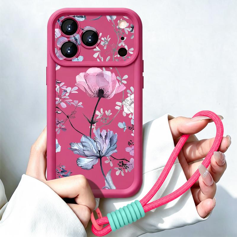 Luxury Flowers Print Lanyard Case For iPhone 18 Pro Max Shockproof Bumper Soft Silicone Cover For iPhone 17 16 15 14 13 Pro Max 17E
