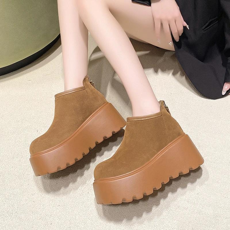Moda 8CM Zamszowe Platformowe Damskie Śniegowce do Kostki Projektant Klamra Wysokie Obcasy Buty Trend Moda Nowe Gladiator Zima Botas De Mujer
