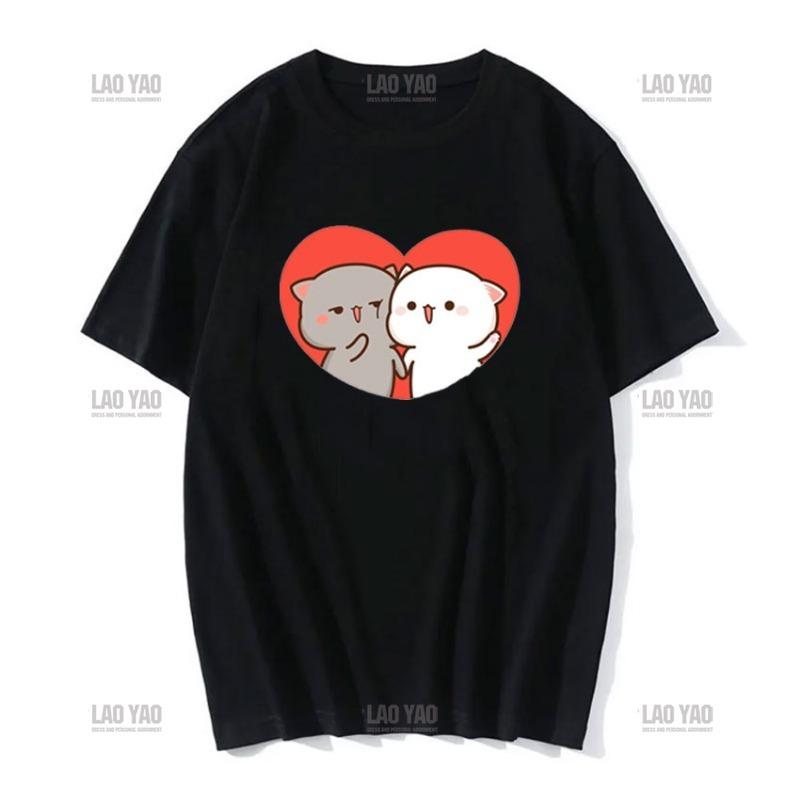 Słodka brzoskwiniowa kotka z kreskówkową parą nadrukowaną koszulką unisex szara wysłana kwiaty do brzoskwiniowej koszulki nowy styl miłośnicy ubrań casualowa koszulka