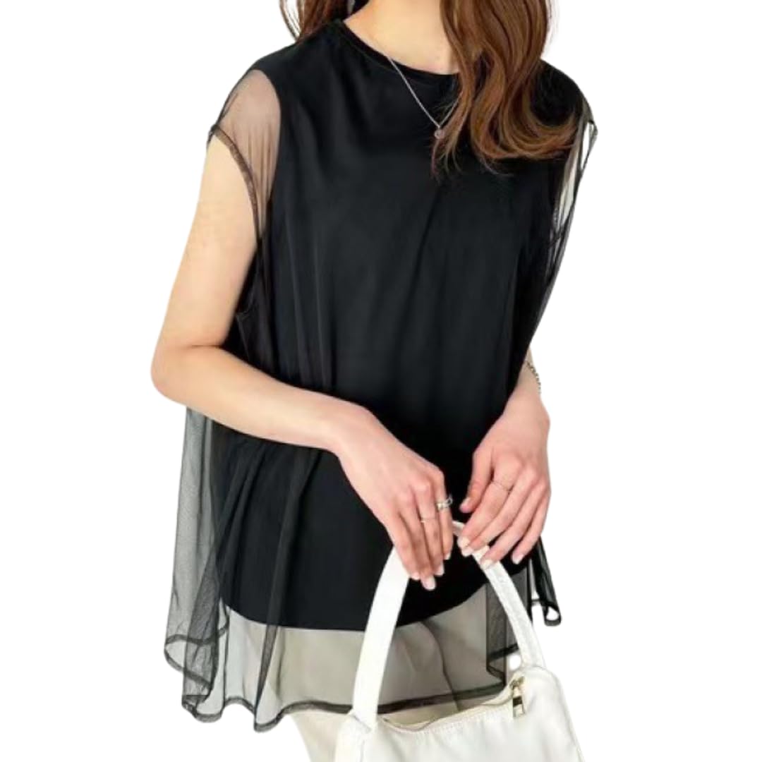 

Летняя туника без рукавов UQQA для офиса в стиле кэжуал, закрывающая верхнюю часть тела, размер L, женская одежда, легкая, элегантная, стильная, для рук, прозрачная, черная, чёрный