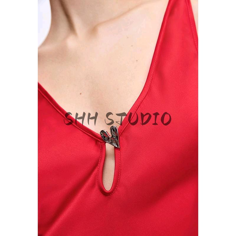 Spring New Women's V-neck Sleeveless Short Red Heart-Shaped Satin Textured Dress 2354331