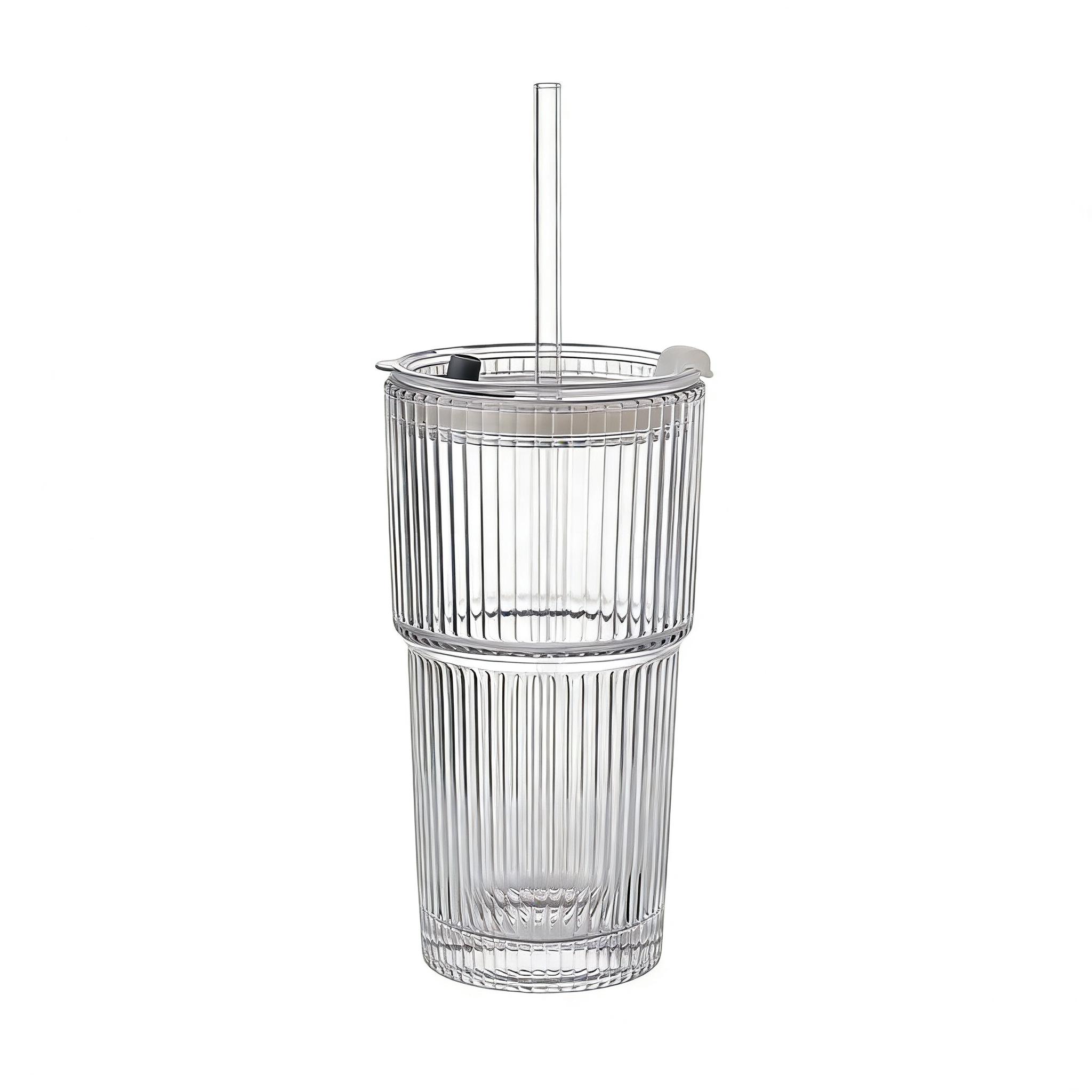 Ins Style Ribbed Glass Cup with Straw - Clear Bamboo Design Drinking Glass for Home, Office, and Party 600