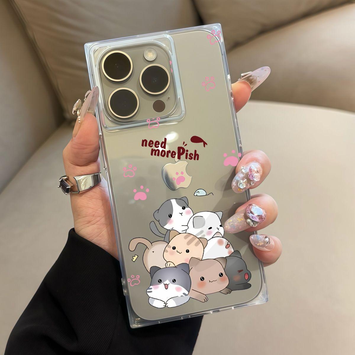 

Square Back Tube Protection Clear Case For iPhone 14 Pro Max 11 13 15 Plus 12 16 ProMax Anti-Oxygen,Cat Group Photo Pattern Casing iphone 11 ProMax