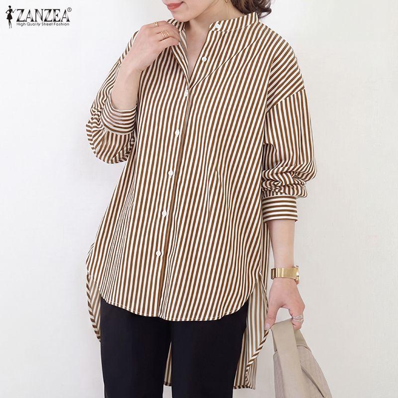 ZANZEA Camicetta Casual da Donna a Maniche Lunghe a Righe, Collo Alto, Vestibilità Larga