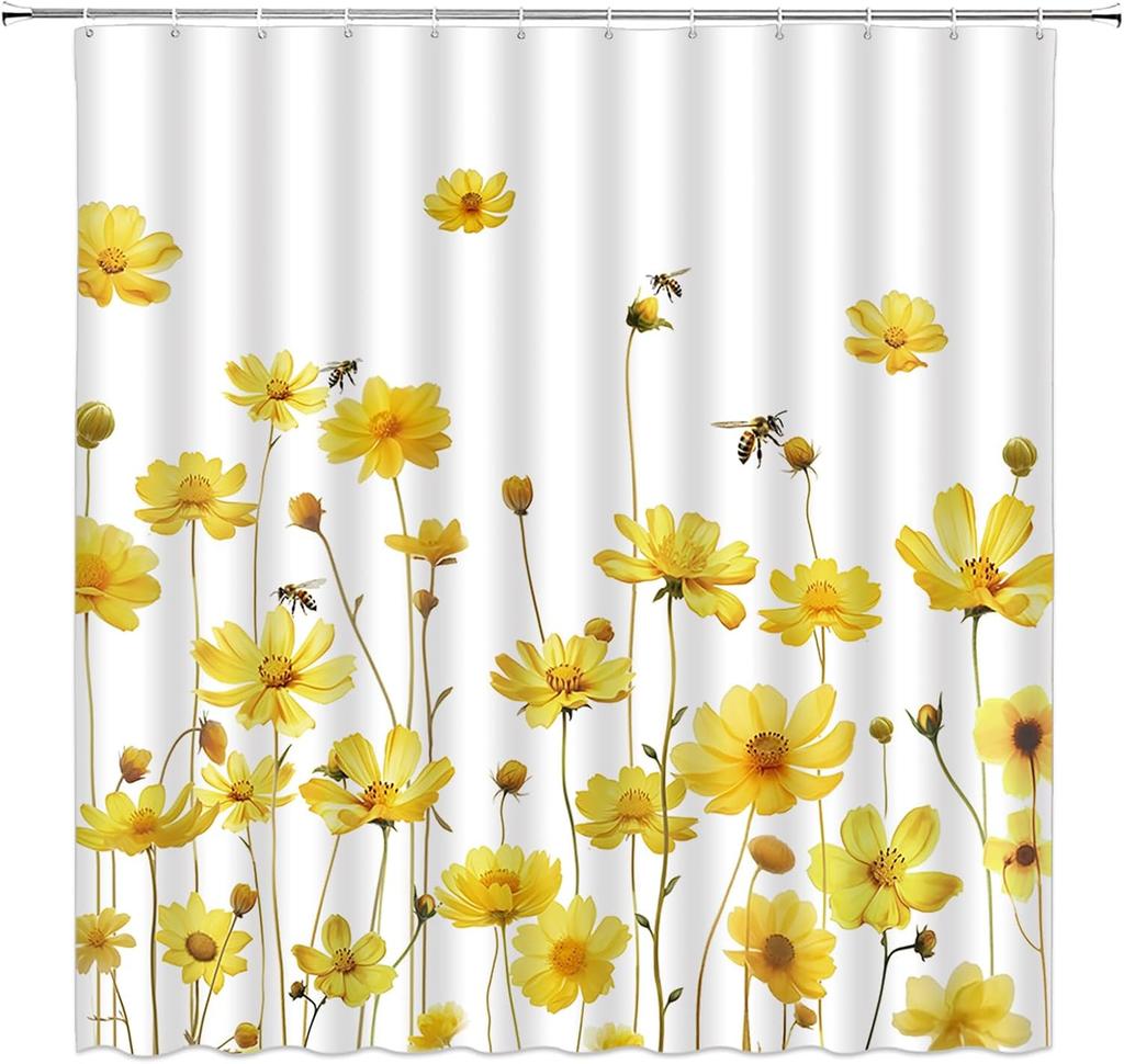 Floral Shower Curtain Blue Daisy Flower Butterfly Spring Nature Watercolor Yellow White Bathroom Home Curtain Decor With Hooks