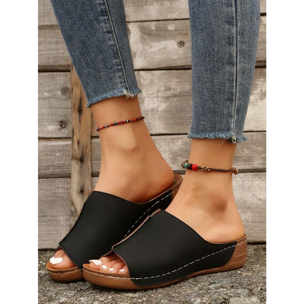 Slope Heel Thick Bottom Slippers,Women's Large Size Round Head Casual One Foot Stirrup Solid Color Slope Heel Sandal Slippers Women Outer Wear