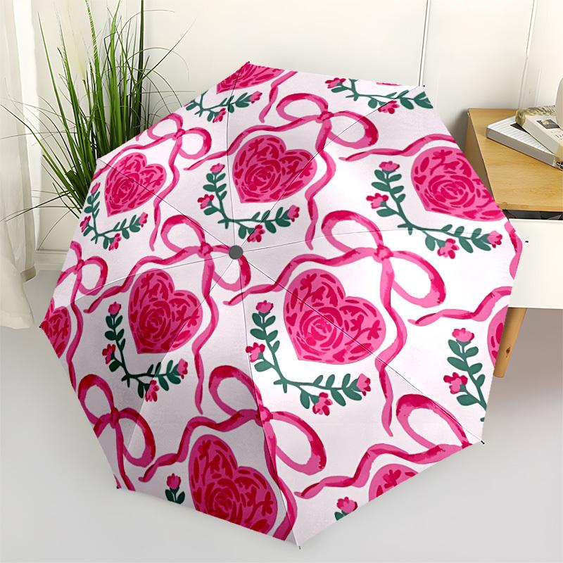 1pc Heart Ribbon Pattern Automatic Umbrella Portable Home Essential Umbrella, Iron Umbrella Structure Suitable for All Seasons yy251123136
