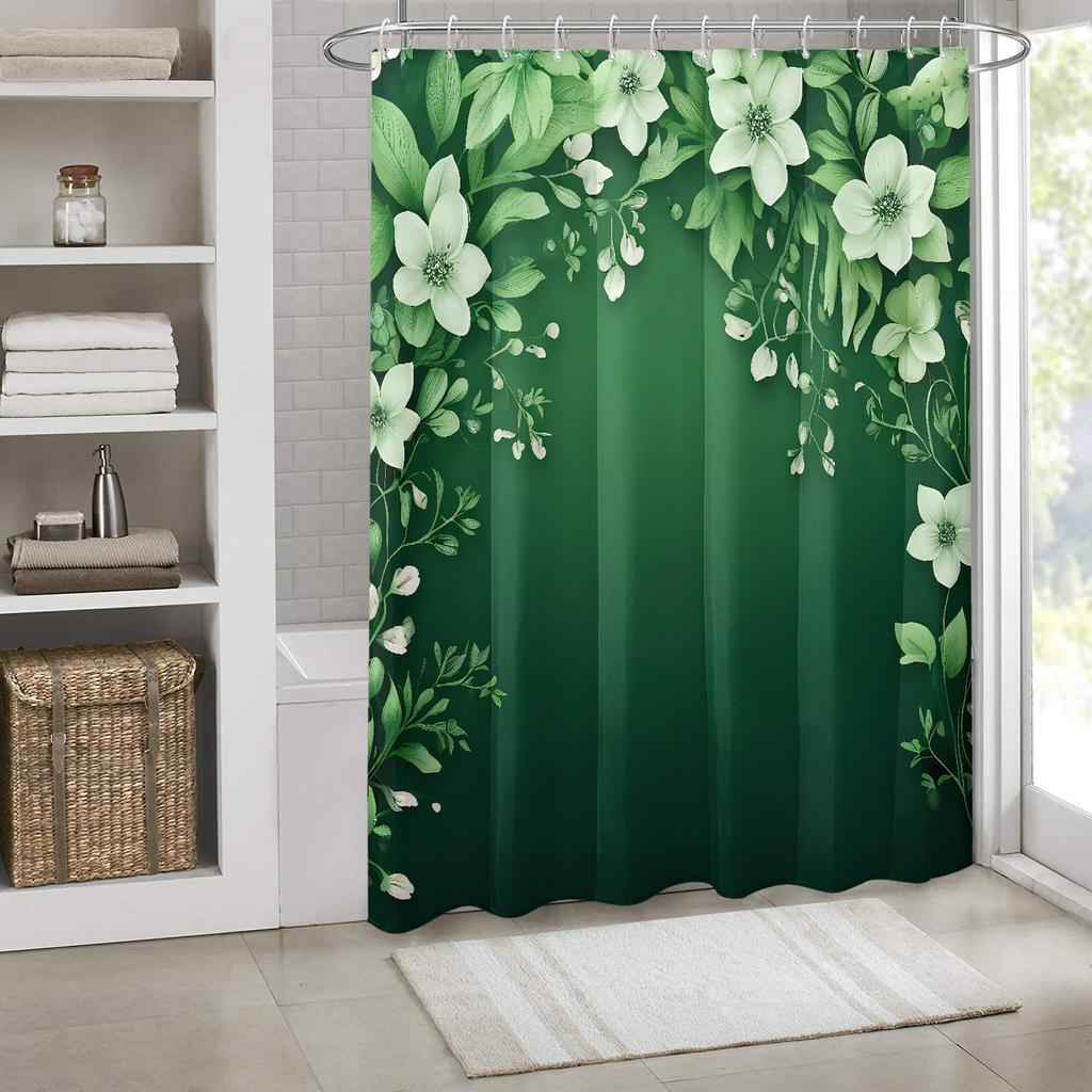 1pc green base light green floral print shower curtain, with hooks, polyester fabric, windows and walls, bathtub bathroom home