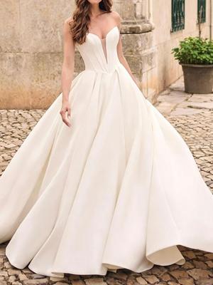 Strapless Deep V Satin Wedding Dress with Train and Puffy Skirt