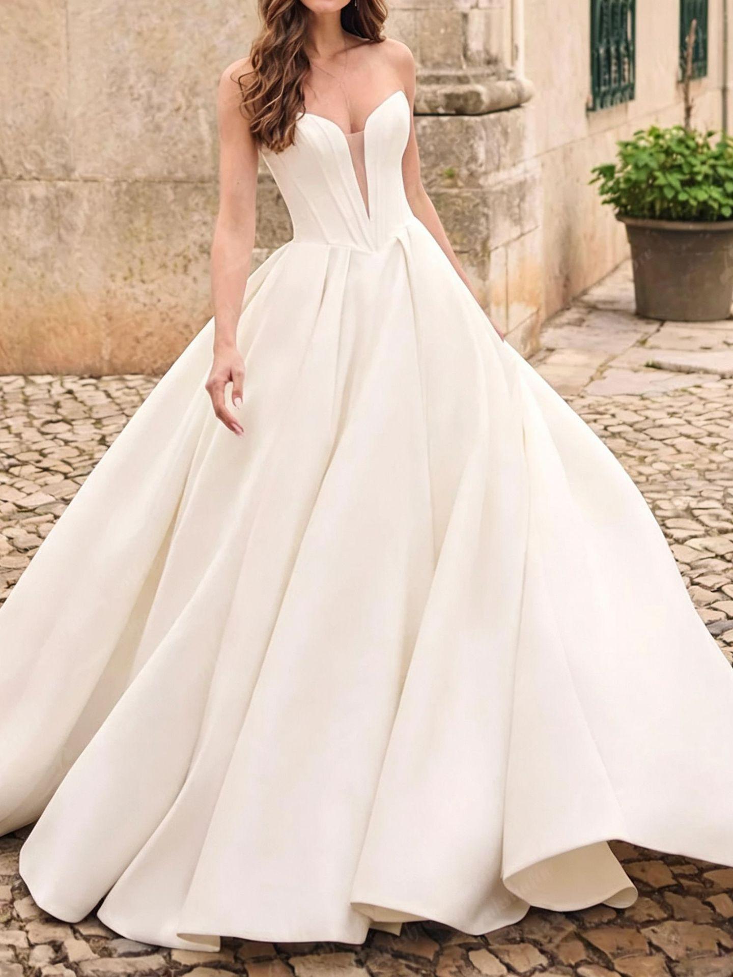 Strapless Deep V Satin Wedding Dress