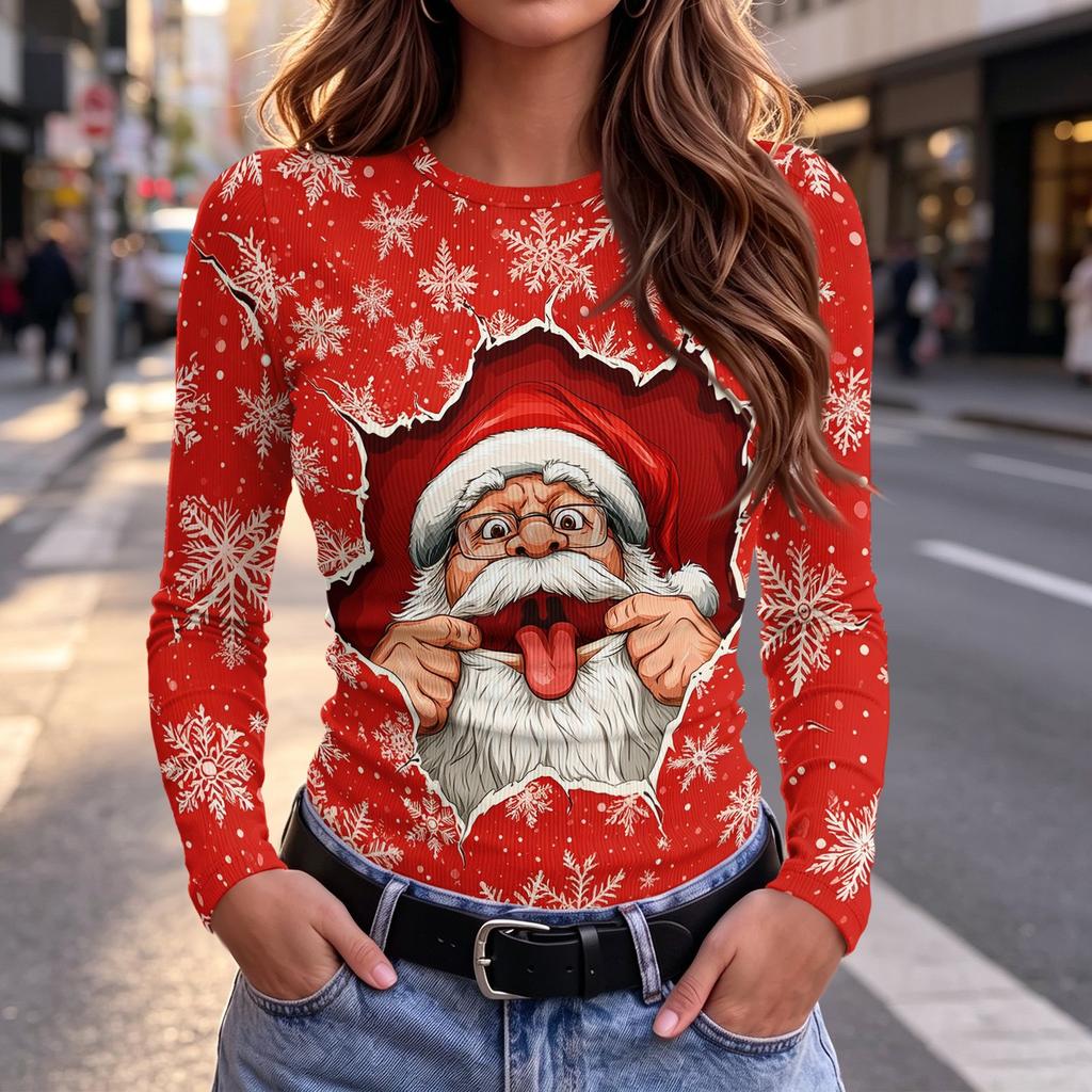 Women's Slim Fit Christmas Print Long Sleeve T-Shirt Round Neck Casual Holiday Top