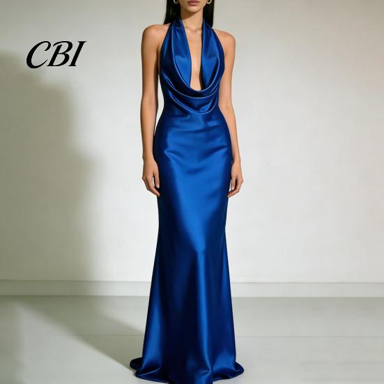 Alltagskleid Damen Sexy Rückenfreies Maxikleid, Tiefes V-Ausschnitt Ärmellos Bequemes Neckholder Satin Lang Formelles Abendparty Meerjungfrauen-Kleid Einfarbig