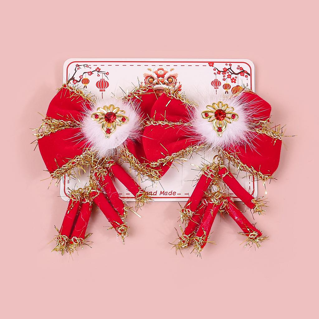 2pcs Chinese New Year Decorations Hair Clips Children Kids Tassel Bows Clips Barrettes Girls Children Party Hair Accessories