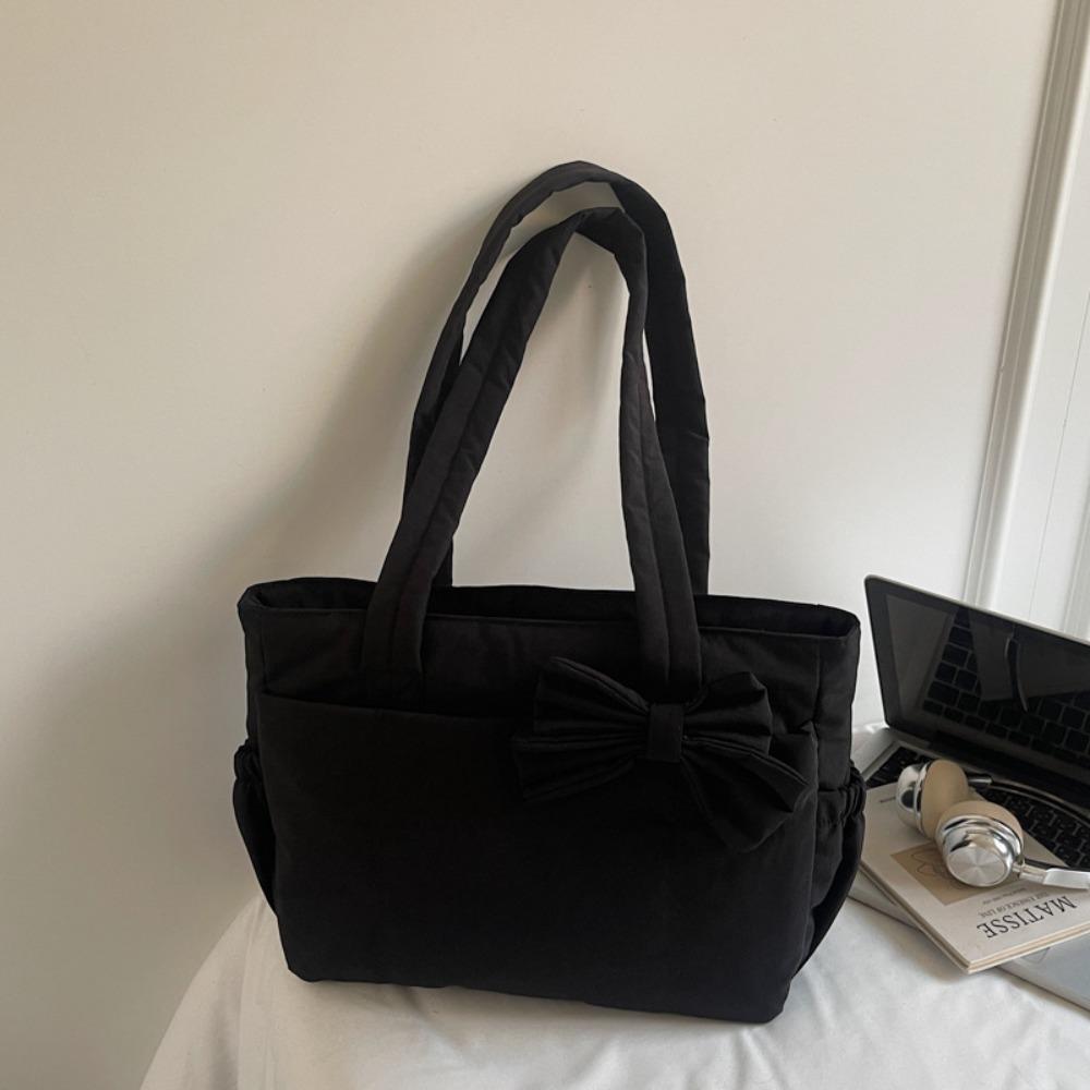 Large Capacity Cotton Padded Shoulder Bag Solid Color Nylon Handbag Bow Tote Bag  Travel Bag