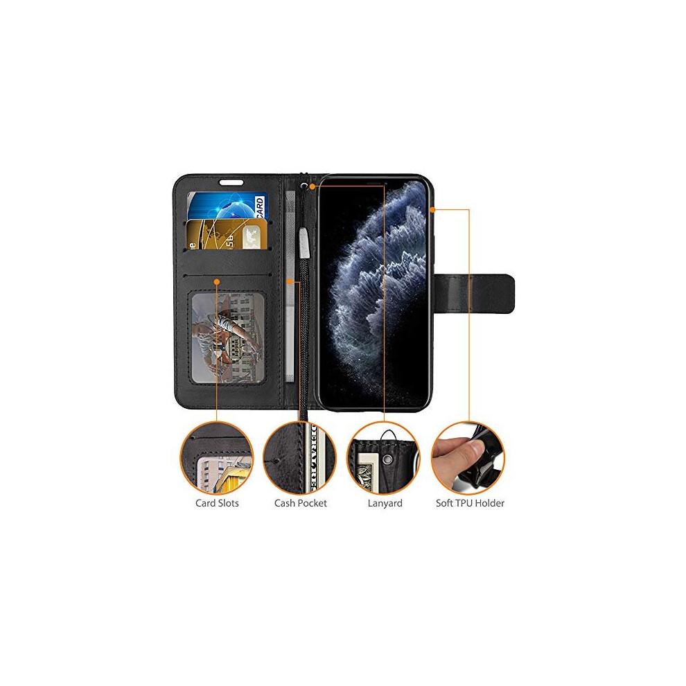 (Black) iPhone 11 Pro Max Leather Wallet Case - Protective Flip Cover with Card Slots, Kickstand and Wrist Strap, PU Leather