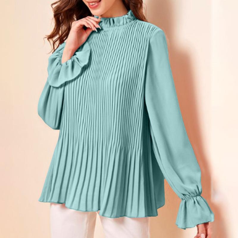 

ZANZEA Женская повседневная блузка с круглым вырезом и длинным рукавом в складку 2XL