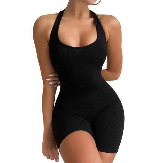 Tuta da Yoga Senza Maniche Scollo a U Schiena a Croce Costinata Monocolore Alta Elasticità Bodycon Tuta Attività Streetwear