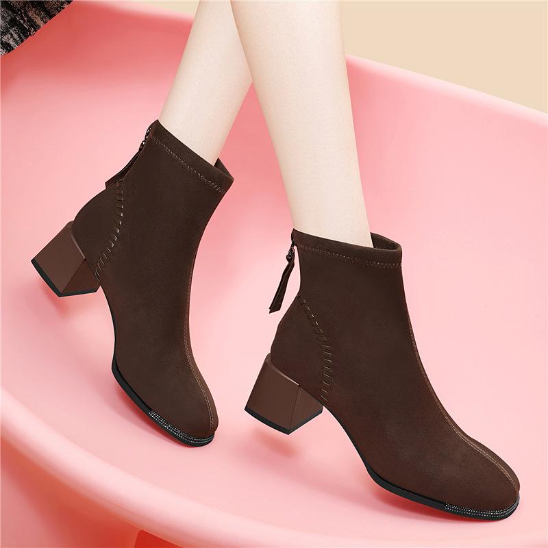 

Autumn and winter new black velvet thick-heeled short boots suede thin boots square high-heeled Chelsea boots cotton shoes 40