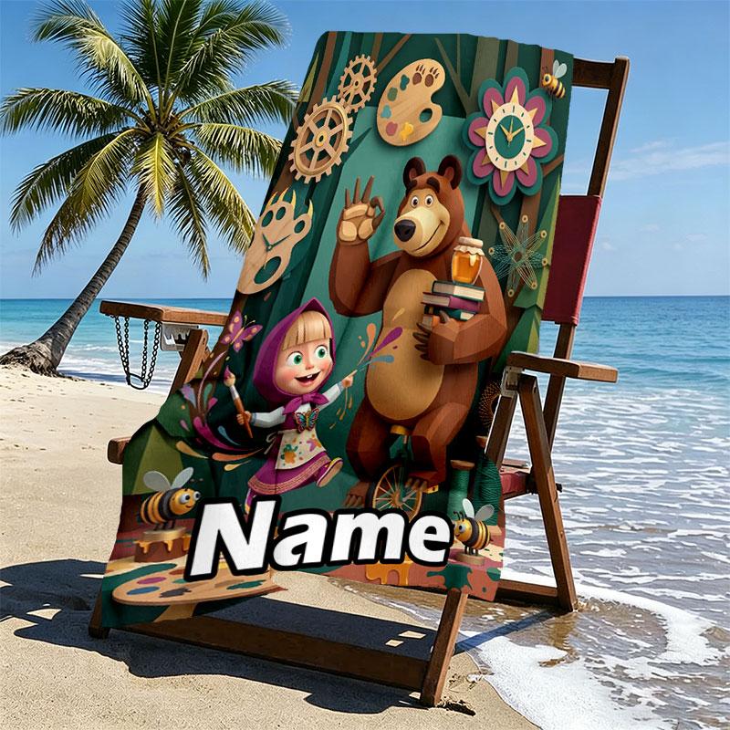 Custom Name Personalized Masha and the Bear Print Beach Towel, for Trip Camping Beach Party Home Decor, Birthday Gift for Family & Friends