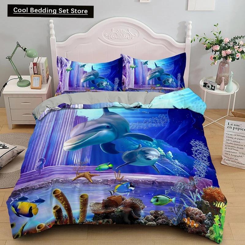 Dolphin Ocean King Queen Duvet Cover Cute 3D Sea Animal Bedding Set for Kids Teens Adults Shoal of Fish Blue 23pcs Quilt Cover