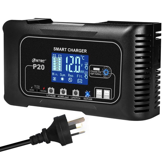 HTRC 12V/24V 20A Full Automatic Car Battery Charger For Motorcycle Lithium Lifepo4 GEL AGM Wet Lead-Acid Battery Repair Charger