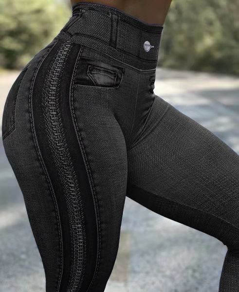 2024 Autumn Winter Women's High Waist High Elastic Imitation Denim Leggings Solid Color Fitness Sports Yoga Pants