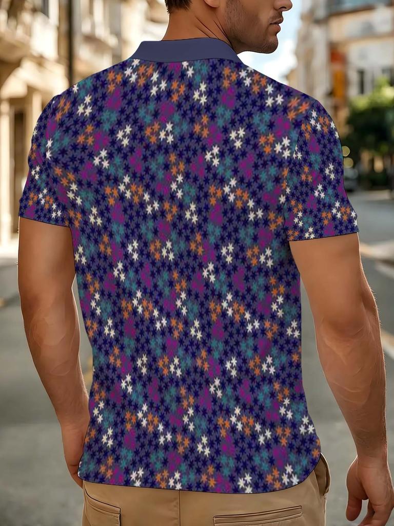 Navy Blue Collar Multicolor Mini Star All-Over Print Men's Short Sleeve Polo Shirt