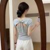 Gram Cotton, Design Bow Back Hollowed Out Front Shoulder Short-sleeved T-shirt Women's Summer Beautiful Unique Top
