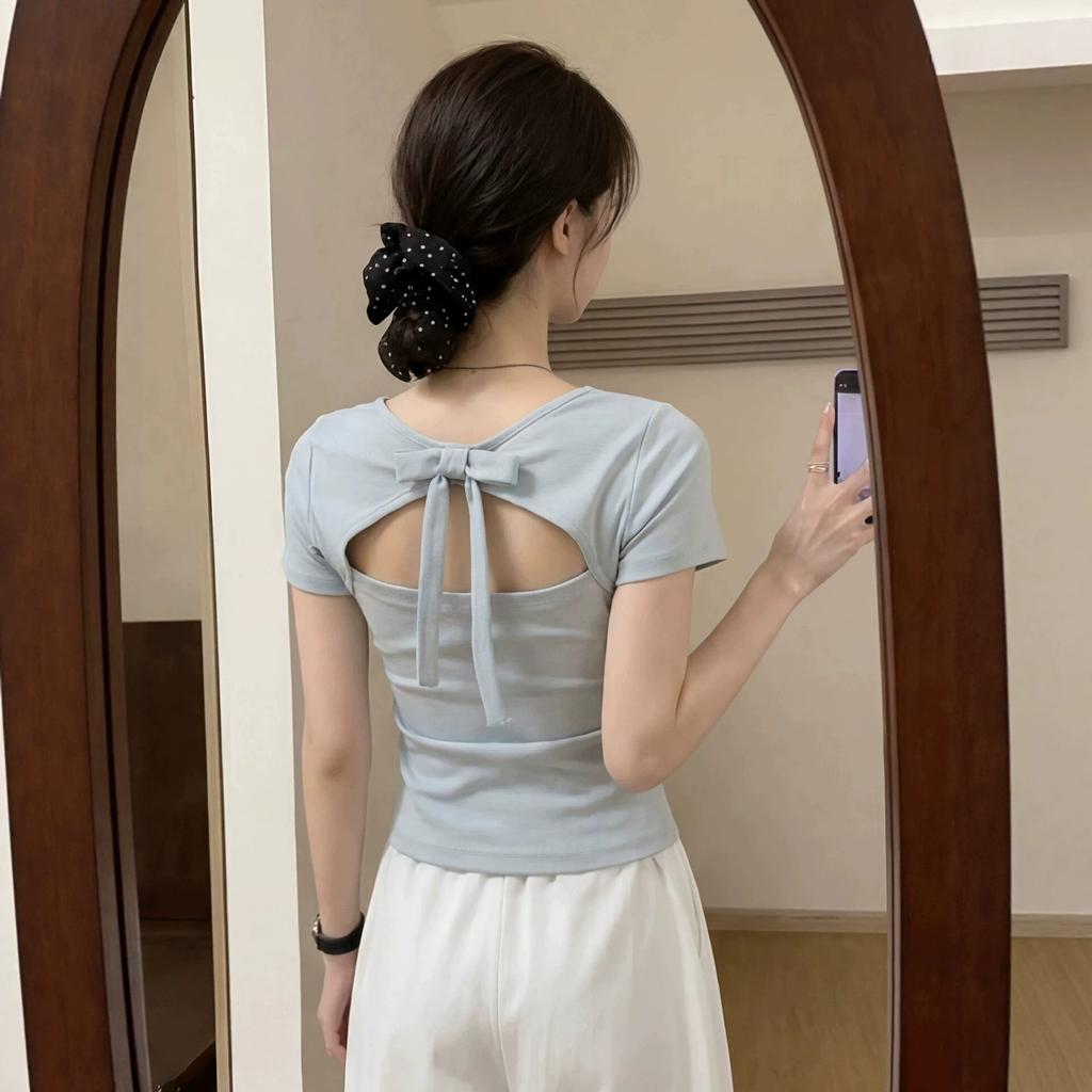Gram Cotton, Design Bow Back Hollowed Out Front Shoulder Short-sleeved T-shirt Women's Summer Beautiful Unique Top