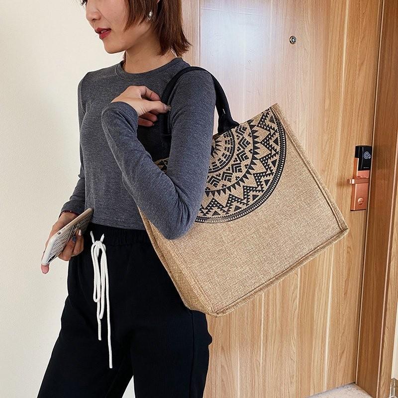 Tote Flax Printed Bag For Women Large Capacity Shoulder Bag With Commuter Casual