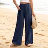 Summer Women Cotton Linen Wide Leg Palazzo Pants Casual Loose High Waist Drawstring Trousers With Pockets