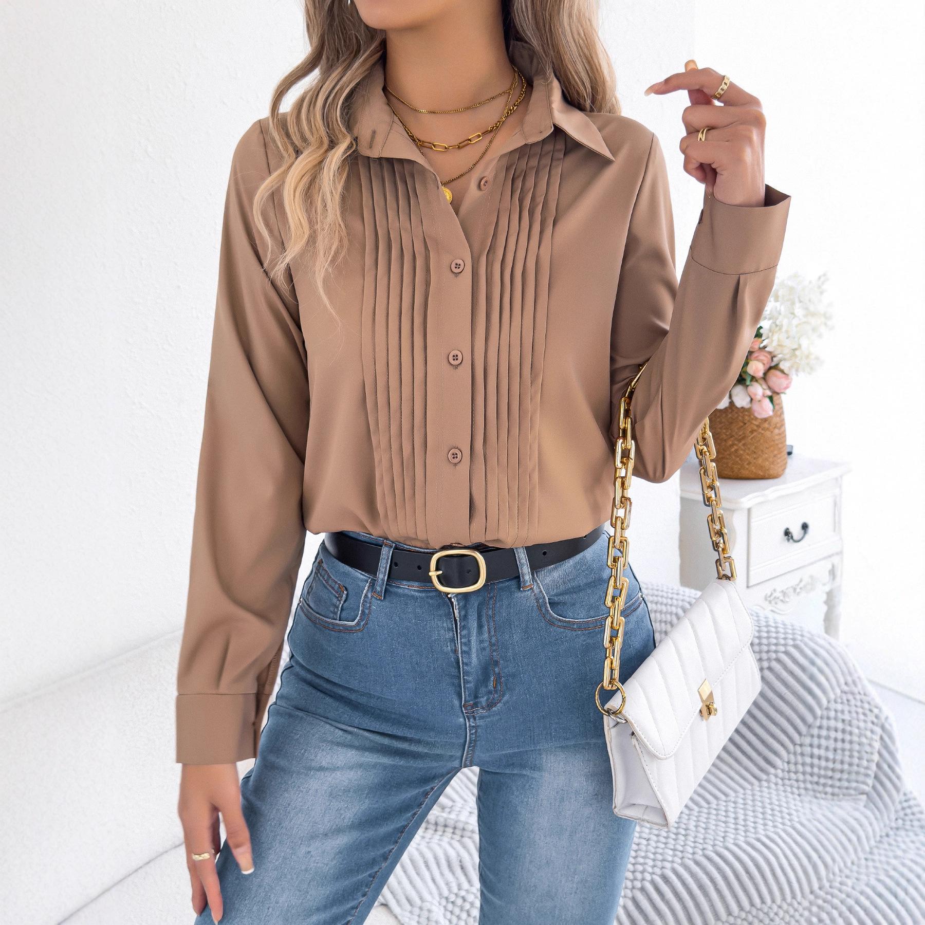 2026 Spring/Summer Elegant Pleated Solid Color Buttoned Long Sleeve Commuting Casual Women s Shirt S хаки