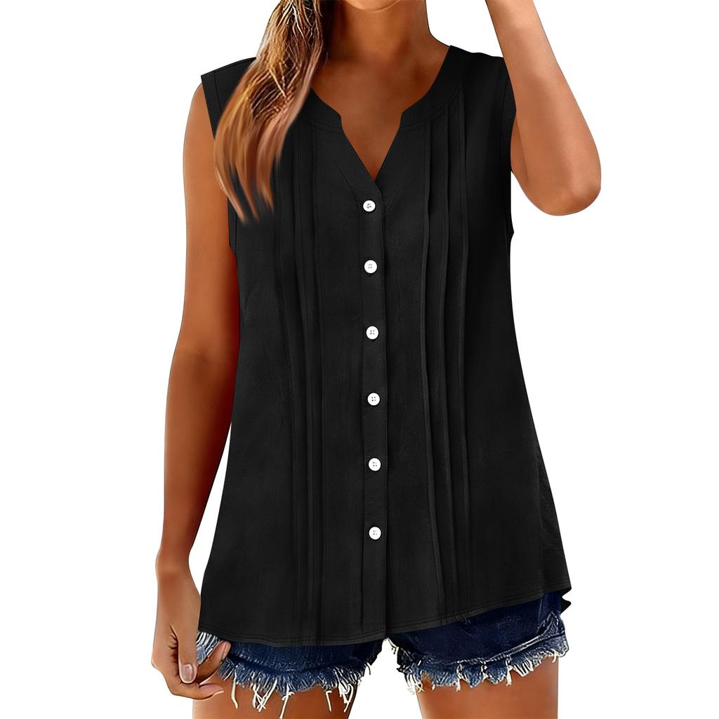 Sleeveless V Neck Button Down Blouse for Women with Pleated Front Design Casual Loose Fit Lightweight Top