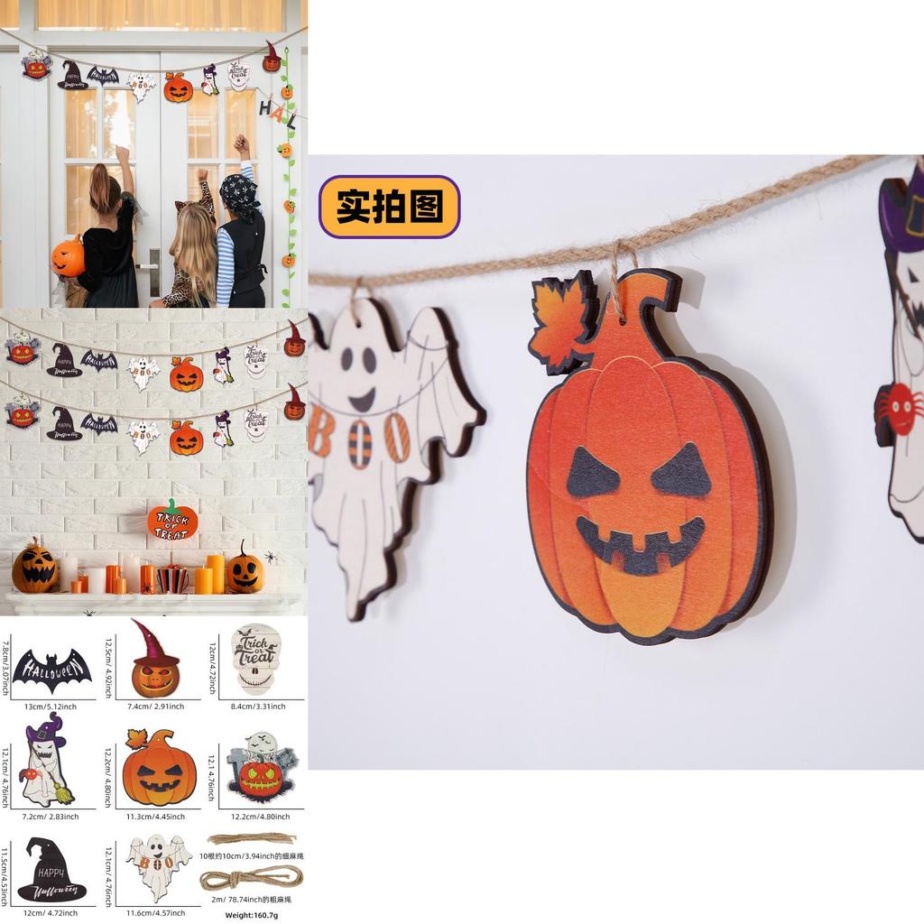 Festive Halloween Wooden Flag Banner Decor Featuring Ghosts And Pumpkins For Parties