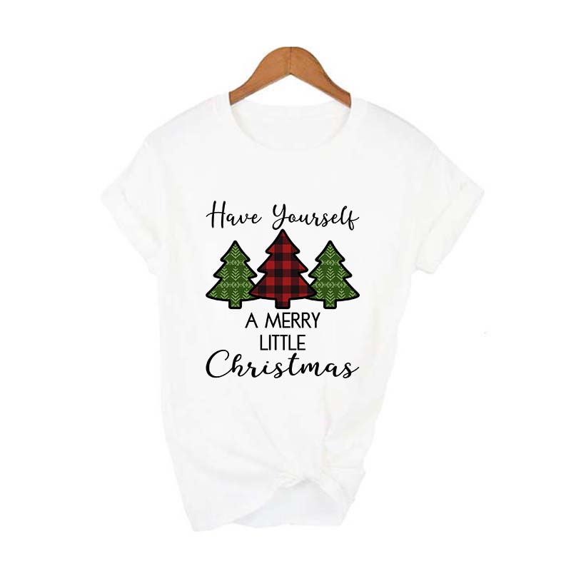 Merry Christmas Plaid Tree Printed T Shirt Fashion Graphic Women Top Tshirt Female Kawaii Tee Ladies 3XL