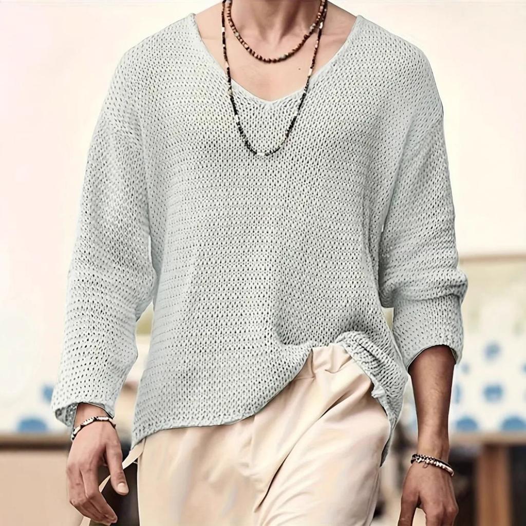 Men's Casual Loose Knitted Pullover Hollow-out Long-sleeves Sweater
