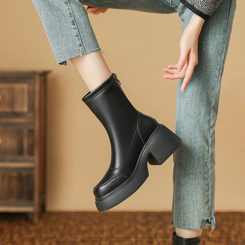 

Short boots women s rear zipper high-heeled fashion boots light-soled waterproof platform Korean version thin thick-soled heightened thick-heeled s 34