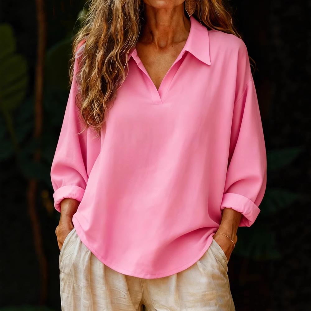 Women's Amazon Spring Shirt Collar Long Sleeve Pullover Solid Color Loose Women's Shirt