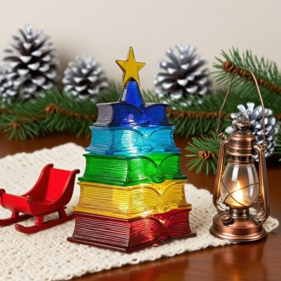 Multicolour Book Stack Ornament for Christmas Tree Stained Stacked Book Tree Shaped Suncatcher for Book Lovers Librarians Reader Bookworm Gifts